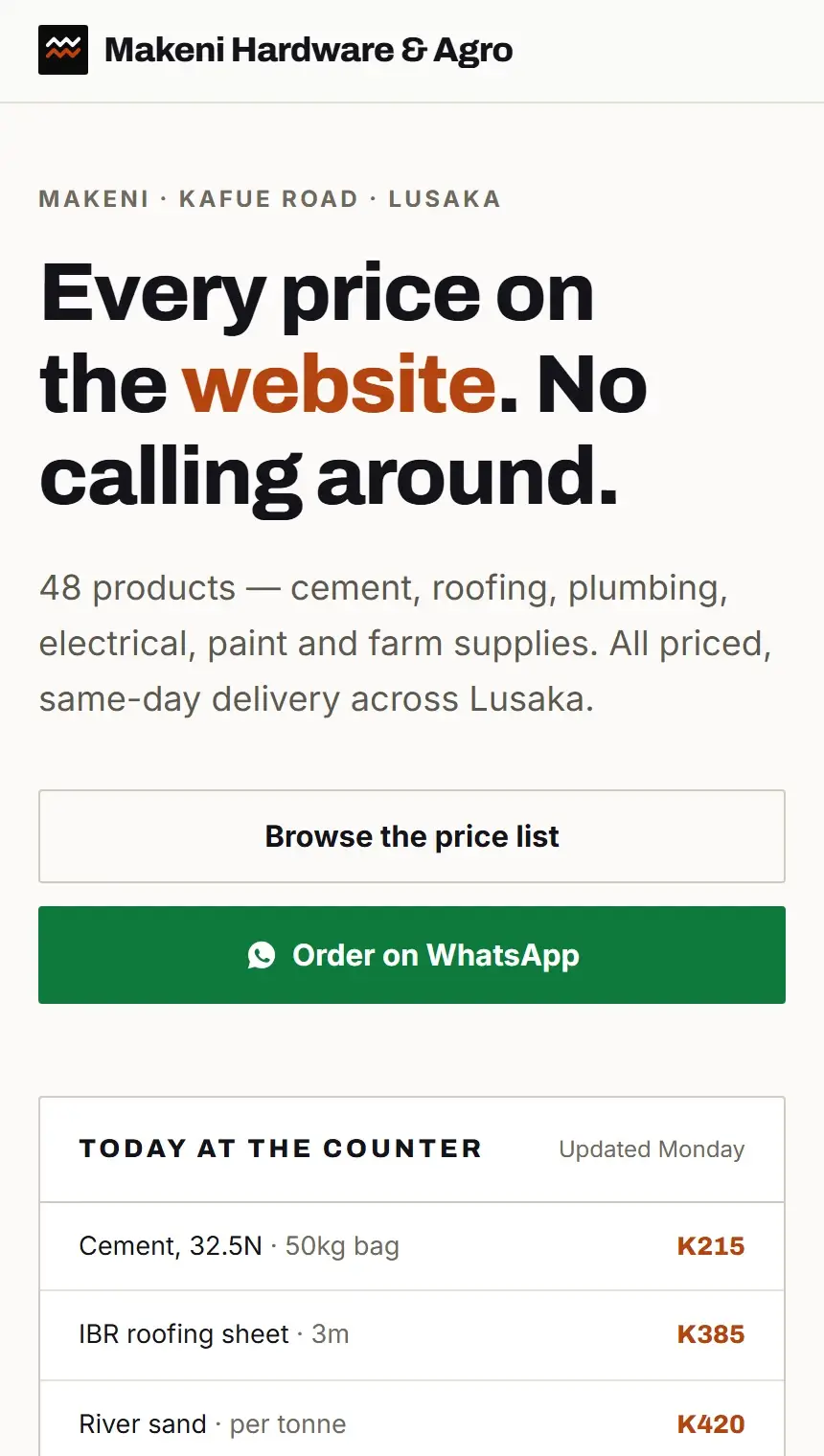 The Makeni Hardware & Agro website on a phone.