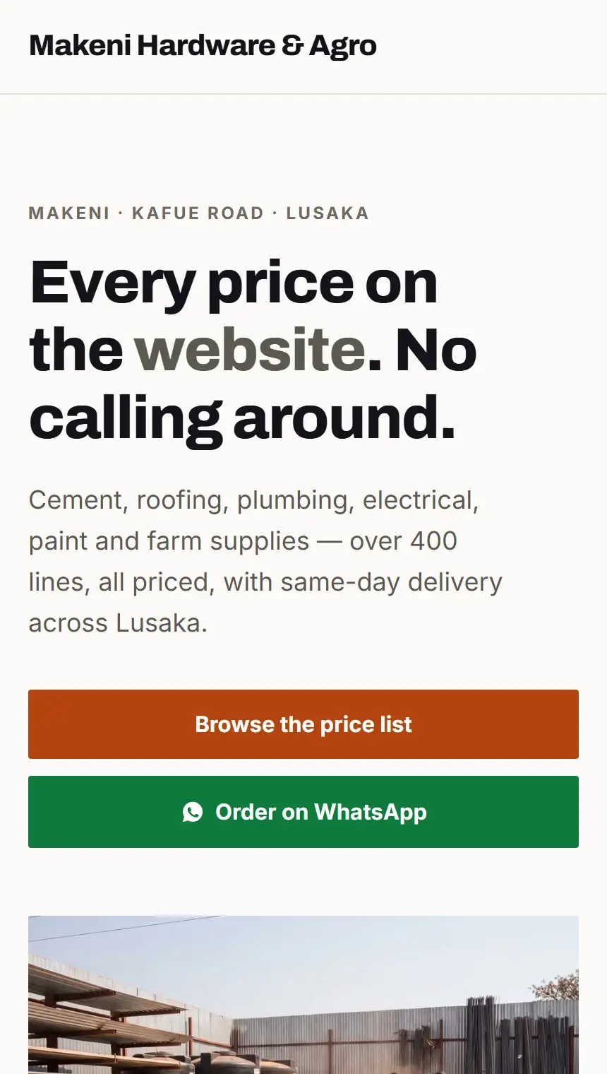 The Makeni Hardware website on a phone.