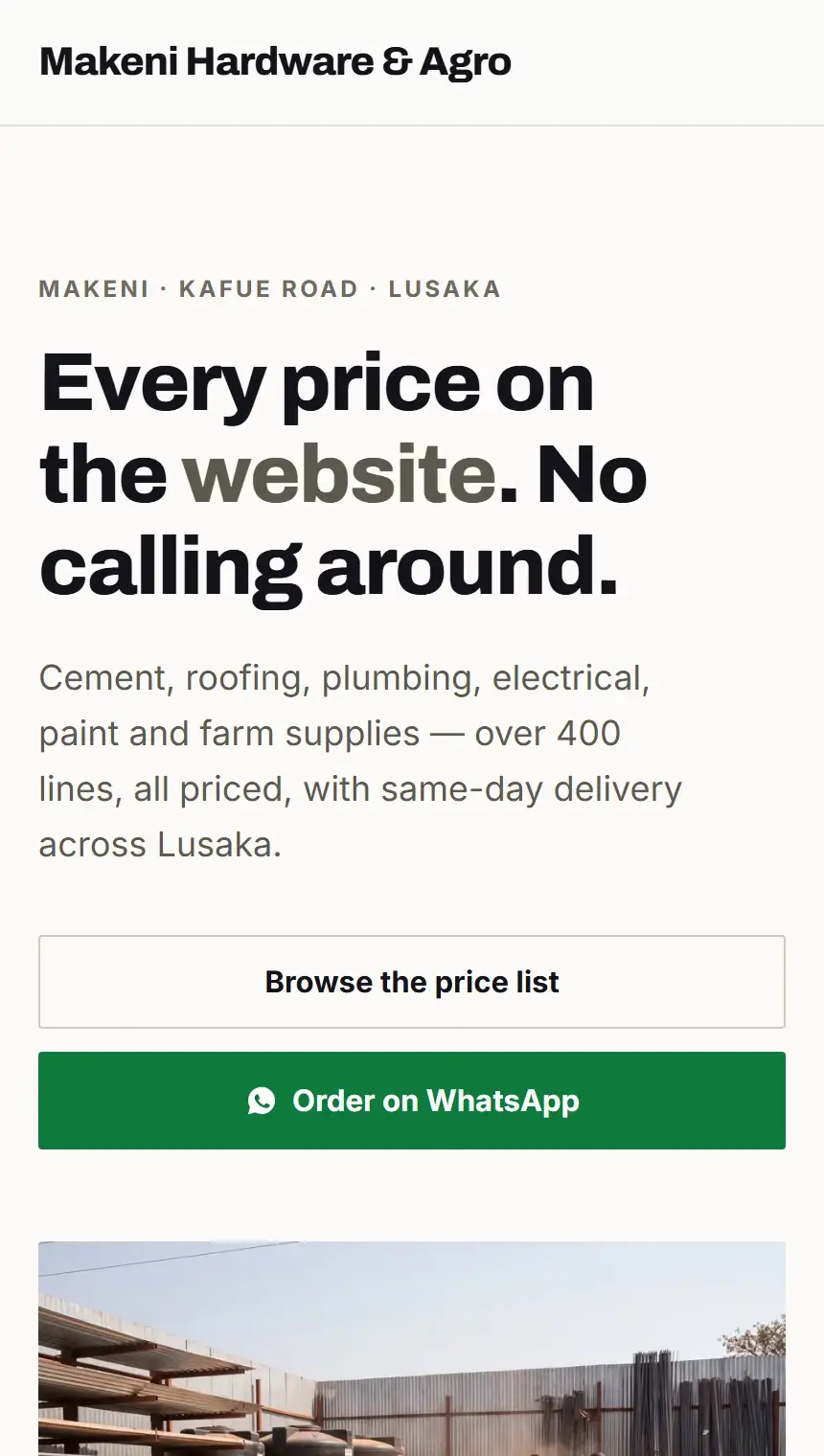 The Makeni Hardware website on a phone.
